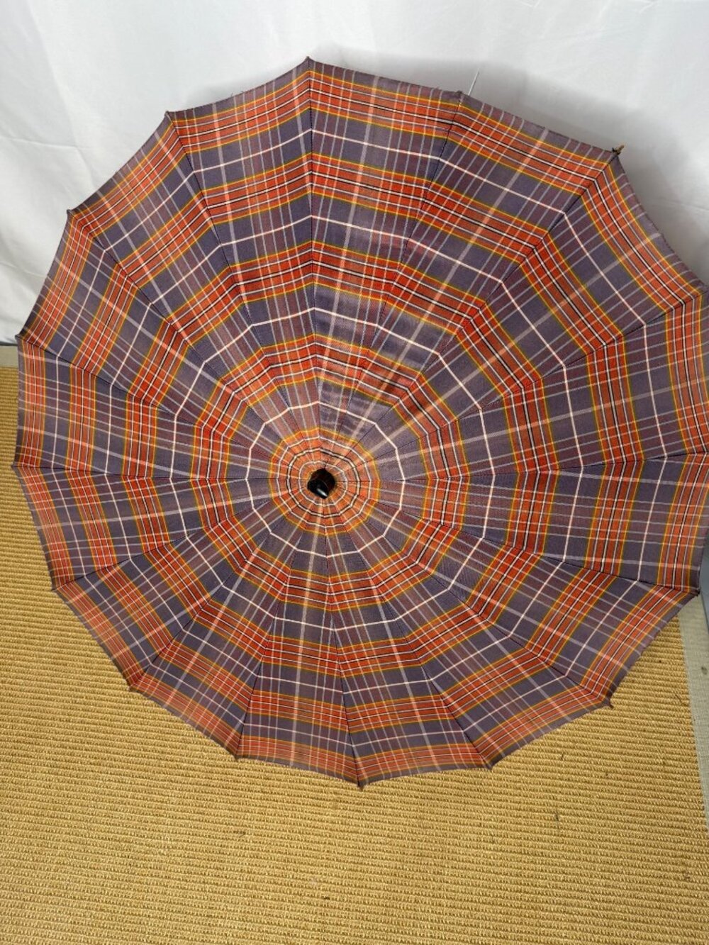 Vintage Orange Plaid Umbrella Lucite Amber Handle Wooden Shaft